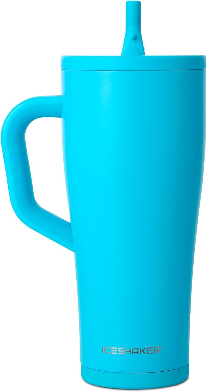Ice Shaker 32 oz Tumbler with Handle and Straw | 32oz Caribbean Blue | Cold for 30+ Hours | 2-in-1 Tumbler Shaker Bottle | Odor-Free 32 ounce Bottle for Water, Protein Shakes, Smoothies, Cocktails