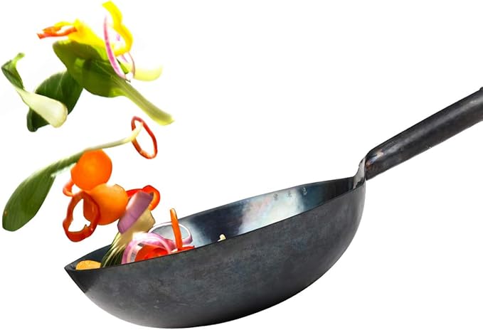?삡툒??ZhenSanHuan Chinese Hand Hammered Iron Woks and Stir Fry Pans, Non-stick, No Coating, Carbon Steel Pow (34CM, BlueBlack Seasoned with help handle)