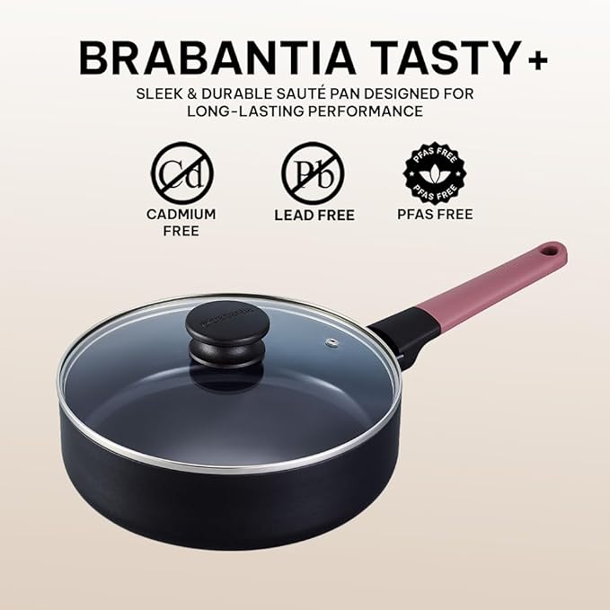 Brabantia Tasty+ 9.5??Nonstick Ceramic Saut챕 Pan with Lid ??PFAS/PFOA/PTFE Free, 2.5 Qt Deep Skillet for Healthy Cooking, Stay-Cool Handle, All Stovetop Safe