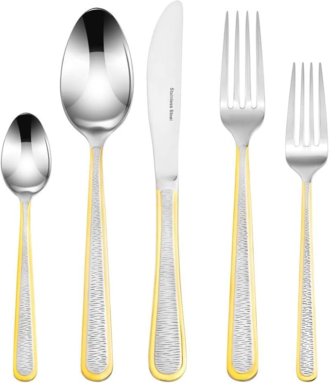 Venezia Collection 45 Piece Gold Flatware Serving Set for 8, Luxury Dining Silverware Cutlery Service, 24 Kt 18/10 Premium Surgical Stainless Steel Hostess Set