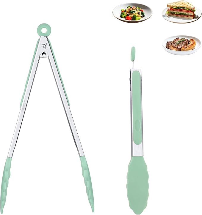 Salad Tongs, 7/9/12/16 Inch Silicone Food Tongs with 304 Stainless Steel Core, Easy-Grip, in Pistachio, Black, Blue, Orange, Red (Pistachio, 9+12inch)