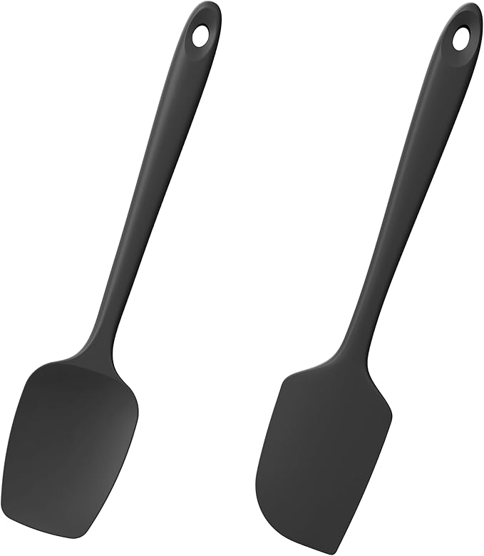 2-Piece Silicone Scraper & Spoon Spatulas: Doosu 600째F Heat Resistant Food Grade BPA Free Rubber Baking Flat Spatula Kitchen Cooking Spoonula for Mixing, Scraping, Folding, Stirring, Serving (Black)