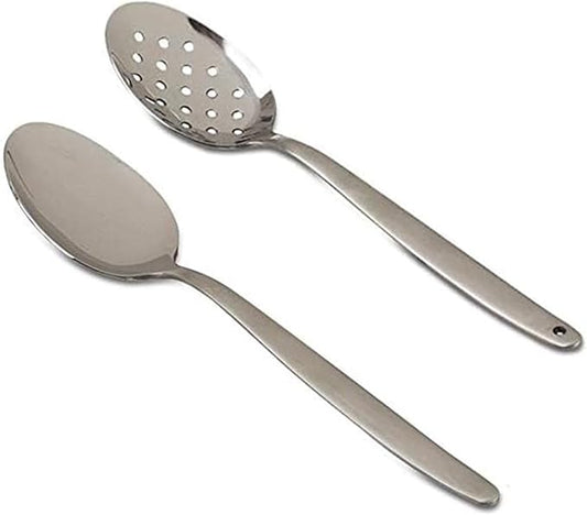 2 Pack 8 inch Kunz Small Regular and Perforated Sauce Spoon Set | 18/10 Stainless Steel Chef Spoon (Small Regular and Perforated)