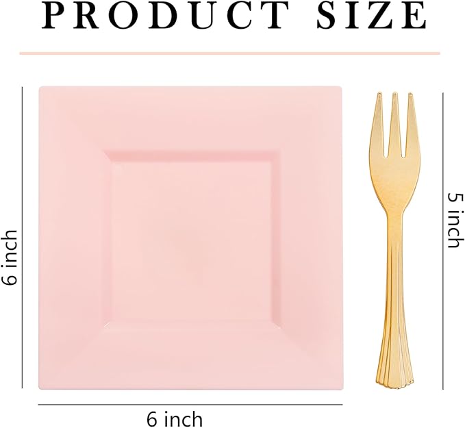 supernal 200pcs Square Pink Dessert Plates with Gold Plastic Forks,Appetizer Pink Plate Disposable with 100 Square Dessert Plates 6" and 100 5" Gold Forks Perfect Valentine Day Birthday Wedding