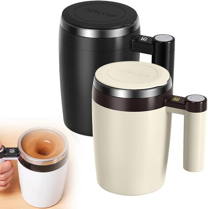 Electric Magnetic Stirring Coffee Mug, 2026 New Automatic Stirring Coffee Cup with Temperature Display, 12.85oz Self-Stirring Mug with Lid Suitable for Coffee, Milk (Black + Brown)