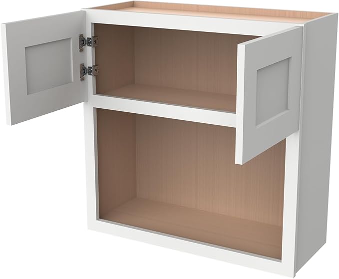 Solid Wood RTA Wall Microwave Cabinet with Open Shelves ??Shaker Style, Space-Saving Kitchen Pantry Storage, Durable and Versatile Wall-Mounted Organizer (SK-Origami White, 30" W x 24" D x 30" H)
