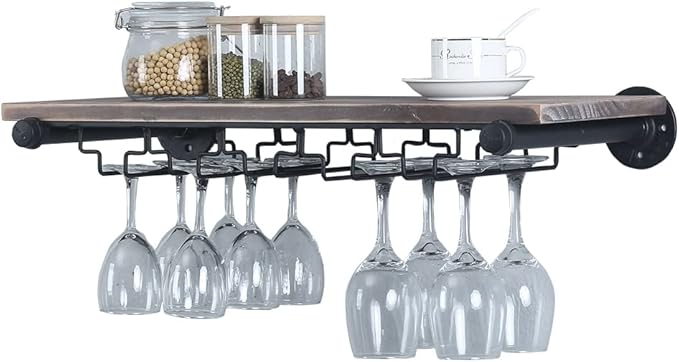 Industrial Wine Rack Wall Mounted with 5 Glass Holder,Wine Glass Rack Floating Wine Glass Shelf,24in Pipe Shelving Hanging Wood Shelves