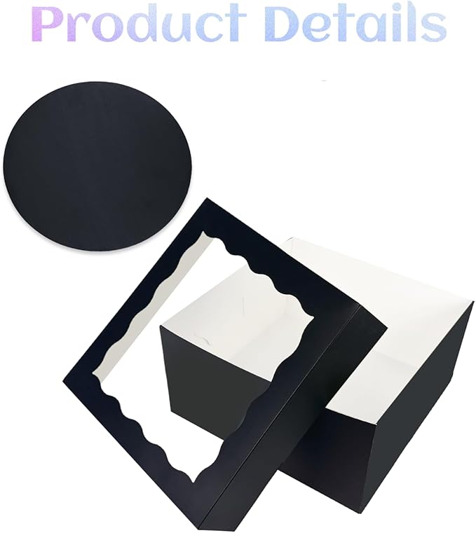 qiqee Black 10x10x8 Cake Box, 18 Sets Cake Box with Window 竊?18 Sets 10" Cake Round Boards, 10inch Cake Containers, 10 Meters Pink Silk Ribbon Includes