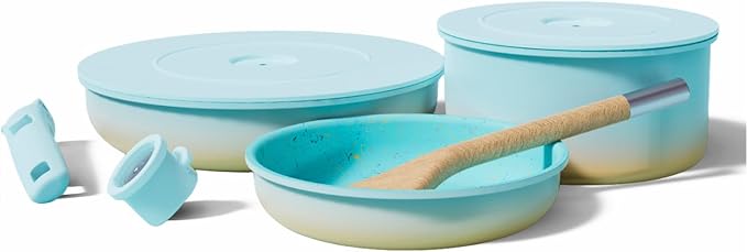 Ombr챕 Titanium Ceramic Cookware Set Non Toxic ??8 Pcs Non Stick Pots and Pans Set with Removable Handles, Magnetic Lid & Wooden Spatula for Cooking ??Oven & Dishwasher Safe (Catalina Blue)