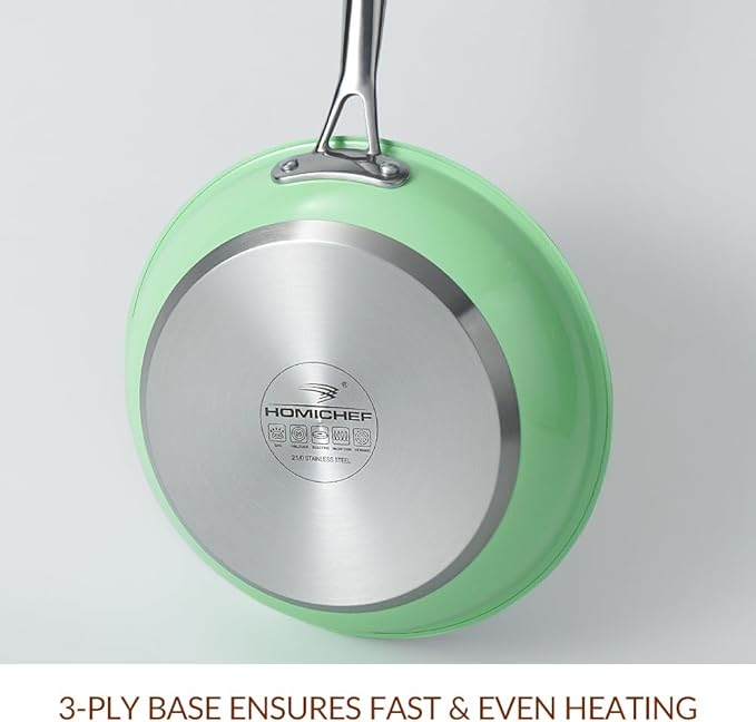 HOMICHEF 8 Inch Mint Green Nickel Free Stainless Steel Fry Pan - Non Toxic No Coating Induction Skillet - Small Frying Pan for Solo Meals with Stay Cool Handle