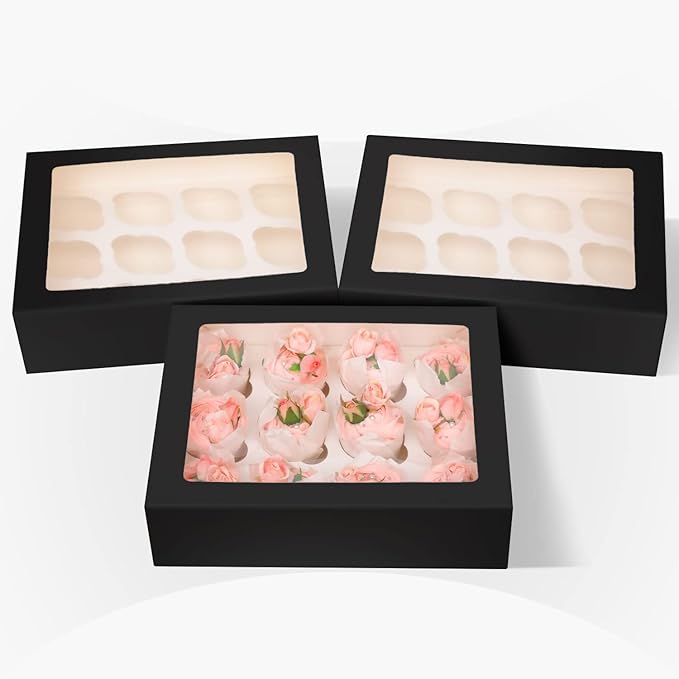 qiqee Auto-pop Up Cupcake Boxes with Window Black 40PCS 12 Count Cupcake Box 13"x10"x3.5" Cupcakes Carrier, 12 Cupcake Containers with 2 rolls of pink ribbons