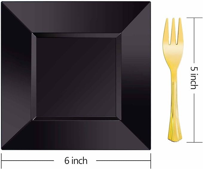 supernal 200pcs Black New Years Dessert Plates with 100pcs Gold Dessert Forks,100pcsElegant Appetizer Salad Plastic Plates,Black Square Cake Plates for Party,Birthday, Wedding,Afternoon Tea