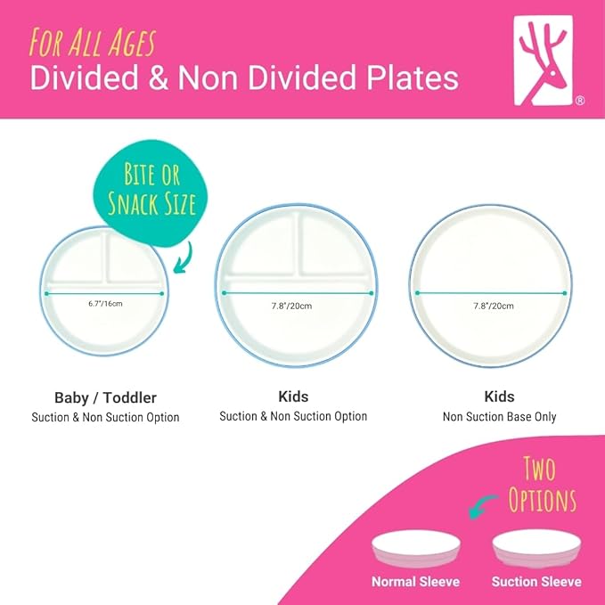 Elk and Friends Kids 7.8??Porcelain White Plates with Silicone Sleeves | Suitable for Babies/Toddlers | Microwave & Dishwasher Safe | Non Slip Dinnerware | Snack Dishes | 4 Pack