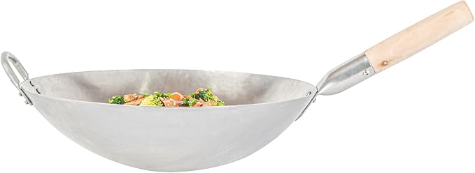 Motomori 14 Inch Hand-Hammered Carbon Steel Woks, 10 Traditional Japanese Woks - Round Bottom, Wooden Handle, Black Carbon Steel Traditional Stir Fry Pans, With Helper Handle - Restaurantware