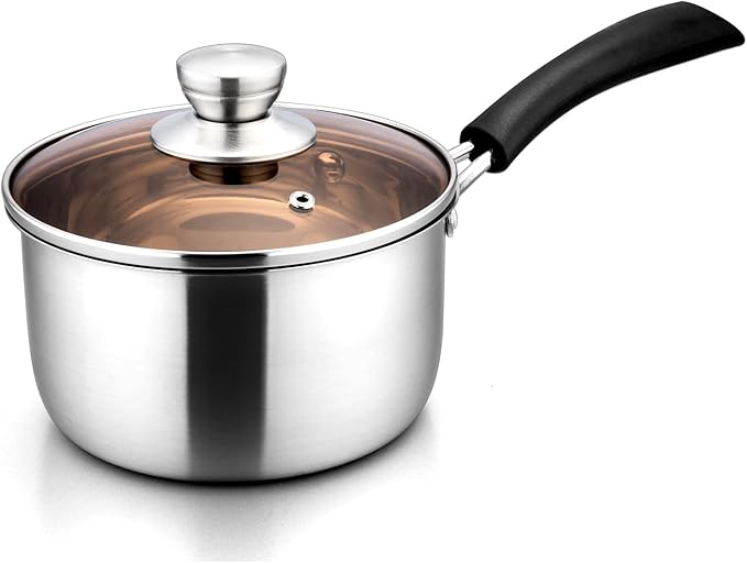 E-far Saucepan with Lid, Max Capacity 2 Quart Stainless Steel Sauce Pot with Glass Lid for Cooking, Easy Clean & Rust Free, Dishwasher Safe