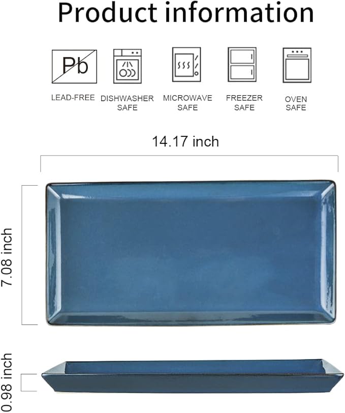 Ceramic Serving Tray, 14 Inches Large Platter, Rectangular, Porcelain Plates, Dishes for Dinner, Party, Sushi, Dessert, Food, Set of 4 (Stone Blue)