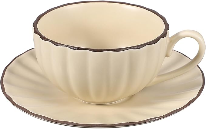 uxcell Handmade Vintage Espresso Cups, 8 oz Coffee Cups and Saucers Ceramic Tea Cup with Handle Dishwasher and Microwave Safe for Latte Cappuccino Milk Office Home Gifts, Beige