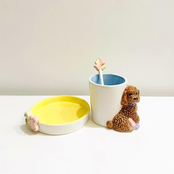 Ceramic Animal Coffee Mug Cup and Saucer Set竊?00ML(6.8OZ) 3D Hand-painted Tea Cup with Spoon (Reddish Brown)