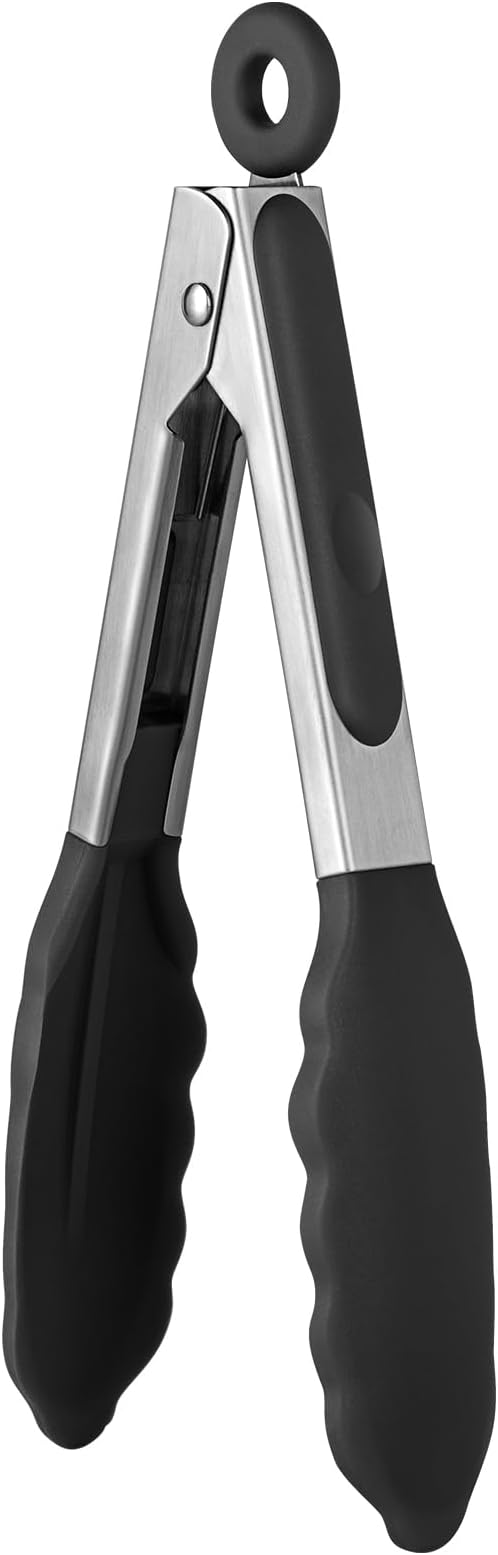600쨘F Heat Resistant Kitchen Tong: U-Taste 7 inch Silicone Cooking Tong with Firm Sealed Non Stick Rubber Tips & Silicon Coated 18/8 Stainless Steel Handle & Smooth Locking for Serving Salad (Black)
