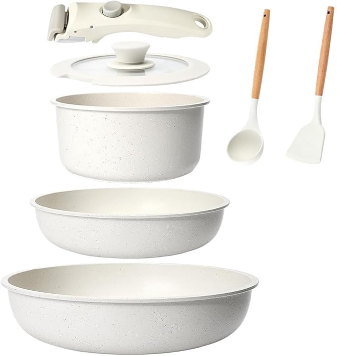 Pots and Pans Set, Non Stick Cookware With Detachable Handle - 7-Piece Stackable Cookware Set Includes 3.35in Milk Pot, 1.97in Frying Pan,3.15in Deep Frying Pan, Easy to Clean, Induction Compatible