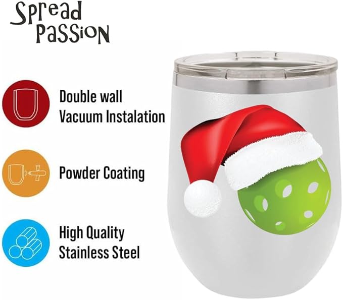 Pickleball Wine Tumbler, Pickleball Gift, 12oz Stainless Steel Wine Tumbler, Gifts For Him, For Her, For Boys, For Girls, Birthday, Christmas Gift idea (White)