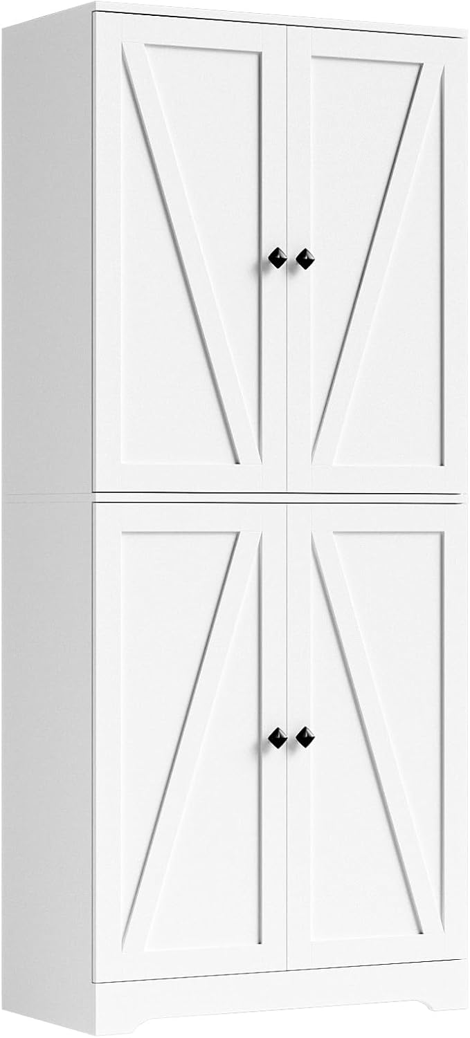LYNSOM Farmhouse Storage Cabinet, Kitchen Pantry Cabinet with 4 Barn Doors, Tall White Storage Cabinets with Adjustable Shelves for Kitchen, White