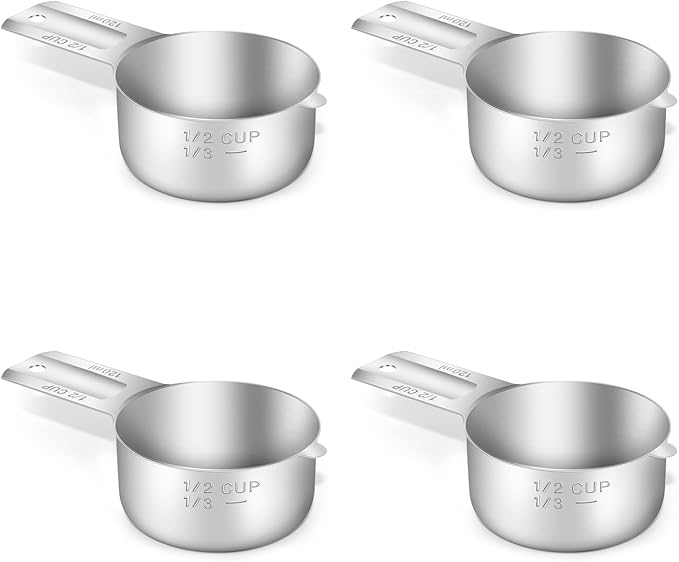 BERYLER 4PCS 1/2Cup (120ml, 4oz) Single Measuring Cup, Stainless Steel Measure Scoop, Metric and US Measurement, Dishwasher Safe