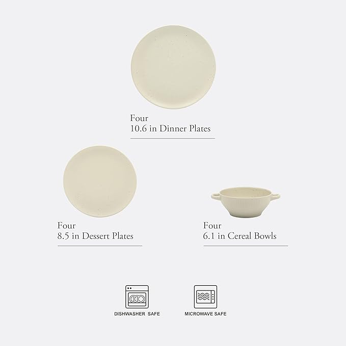 Gibson Elite Clover Hill 12-Piece Stoneware Dinnerware Set ??White Cream Embossed Plates and Bowls with Matte Speckled Reactive Glaze, Service for 4 ??Microwave & Dishwasher Safe