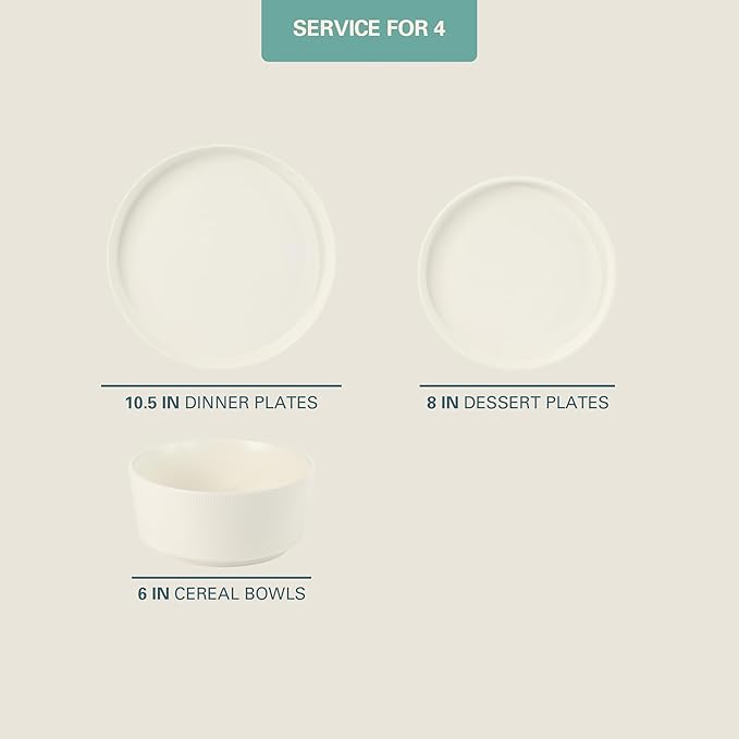 Gibson Home Dempsey Road 12-Piece Stoneware Dinnerware Set ??Service for 4, Round White Plates and Bowls, Durable Solid Color Modern Embossed Dish Set, Microwave & Dishwasher Safe