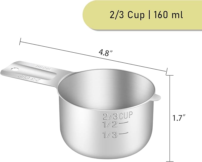 BERYLER 1PCS 2/3Cup (160ml, 5.3oz) Single Measuring Cup, Stainless Steel Measure Scoop, Metric and US Measurement, Dishwasher Safe