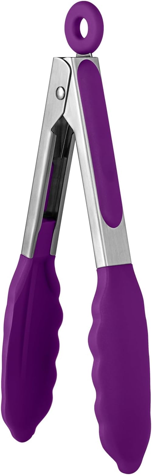 600쨘F Heat Resistant Kitchen Tong: U-Taste 7 inch Silicone Cooking Tong with Firm Sealed Non Stick Rubber Tips & Silicon Coated 18/8 Stainless Steel Handle & Smooth Locking for Serving Salad (Purple)