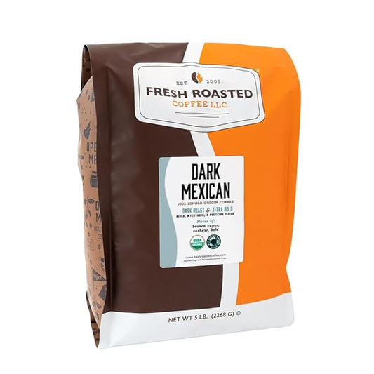 Fresh Roasted Coffee, Organic Dark Mexican | Mold & Myco 3rd Party Tested, USDA Organic, Kosher | Dark Roast 5 lb (80 oz) Whole Bean