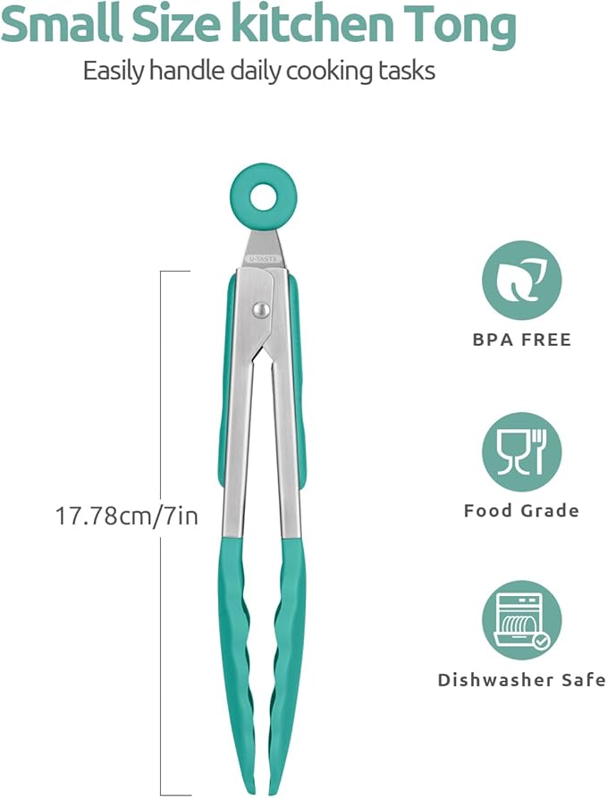 600쨘F Heat Resistant Kitchen Tong: U-Taste 7in Silicone Cooking Tong with Firm Sealed Non Stick Rubber Tips & Silicon Coated 18/8 Stainless Steel Handle & Smooth Locking for Serving Salad (Aqua Sky)