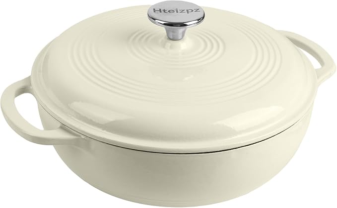 Enameled Cast Iron Dutch Oven Pot with Lid, 3 Quart Shallow Dutch Oven, Oven Safe up to 500째 F, Suitable for Bread Baking, Braising, Roasting, Stews, White