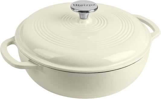 Enameled Cast Iron Dutch Oven Pot with Lid, 3 Quart Shallow Dutch Oven, Oven Safe up to 500째 F, Suitable for Bread Baking, Braising, Roasting, Stews, White