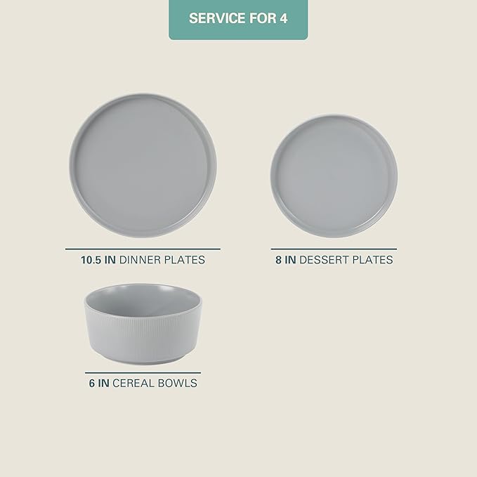 Gibson Home Dempsey Road 12-Piece Stoneware Dinnerware Set ??Service for 4, Round Grey Plates and Bowls, Durable Solid Color Modern Embossed Dish Set, Microwave & Dishwasher Safe