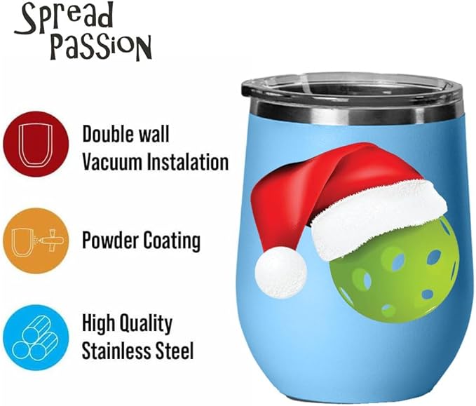 Pickleball Wine Tumbler, Pickleball Gift, 12oz Stainless Steel Wine Tumbler, Gifts For Him, For Her, For Boys, For Girls, Birthday, Christmas Gift idea (Light Blue)