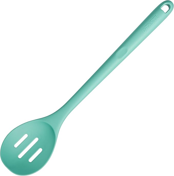 13.3" Slotted Cooking Spoon: U-Taste 600쨘F Heat Resistant Kitchen Mixing Spoon, Food Grade Nonstick Long and Large Rubber Soup Utensil for Serving, Stirring, Basting, for Pot Cookware (Aqua Sky)