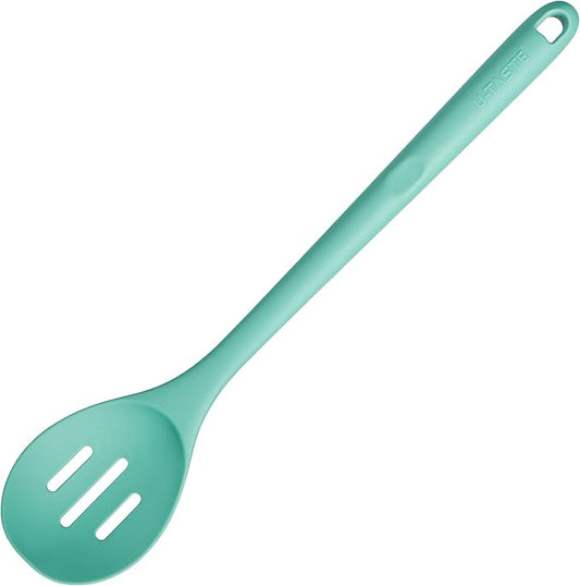 13.3" Slotted Cooking Spoon: U-Taste 600쨘F Heat Resistant Kitchen Mixing Spoon, Food Grade Nonstick Long and Large Rubber Soup Utensil for Serving, Stirring, Basting, for Pot Cookware (Aqua Sky)