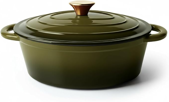 Vintage Style Oval Dutch Oven for Bread Baking, 4.5 Quart Non Stick Enameled Cast Iron Dutch Oven Pot with Lid, Oven Safe Oval Casserole with Lid up to 500째F for Baking, Braising, Stews, Roasting, Golden Green