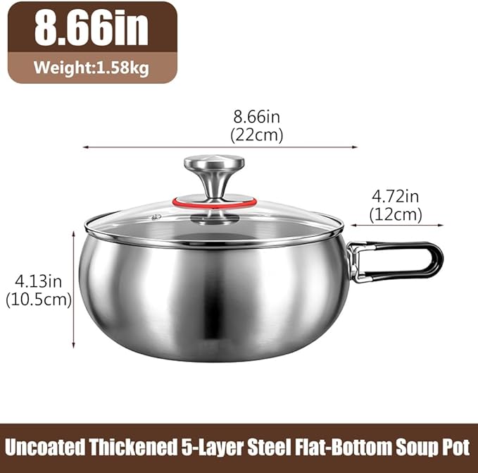 Thickened Multi-Layer Stock Pot, Stainless Steel Camping Cook Pot with Lid and Folding Handle, Scratch-Resistant Non Stick Frying Pans, Even Heating for Cooking,8.66IN