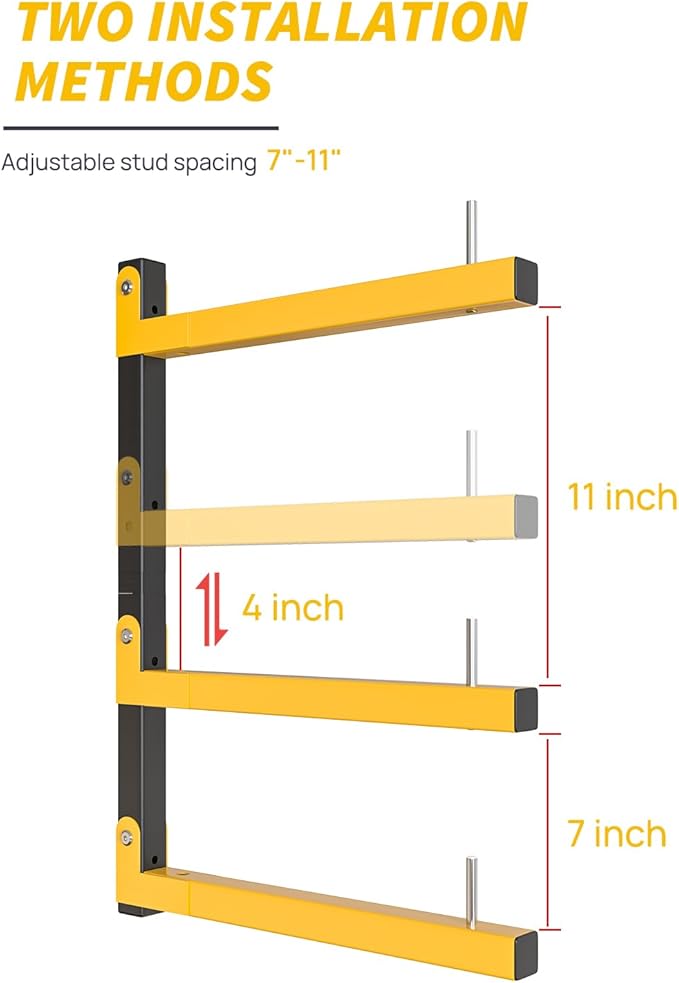 Lumber Rack Wall Mount Storage Racks Folding Wood Organizer Heavy Duty Shelf Brackets With 9-Level 1080 Lbs Capacity Yellow Metal Utility Racks Garage Wall Shelving for Indoor and Outdoor Use (6 Pack)