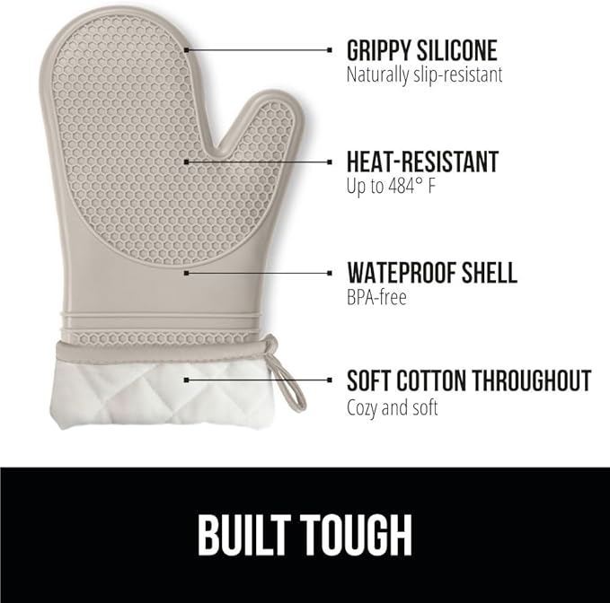 GORILLA GRIP BPA-Free Soft Silicone Oven Mitts, Heat Resistant and Waterproof Cooking Gloves, Thick Cotton Lining, Flexible Gripping for Baking Grilling, Kitchen Potholders Set of 2, 12.5x8.3, Almond