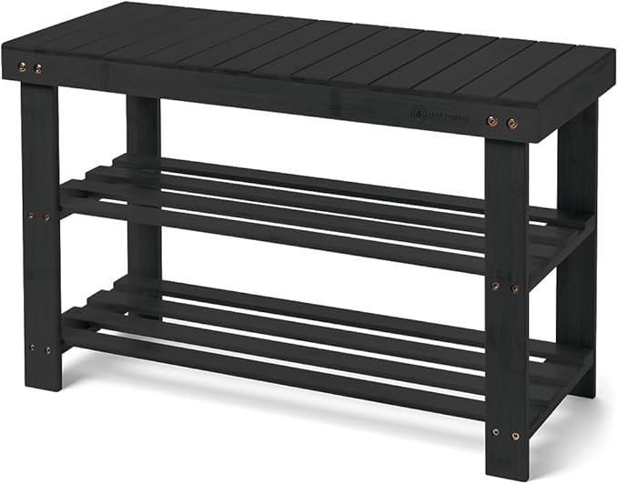 Leaf & Grain Bamboo Shoe Rack - Shoe Storage Bench for Front Door Entrance ??Entryway Bench with Shoe Shelf, Shoe Storage Organizer, Wooden Shoe Rack, Durable Shoe Bench for Home (Black)