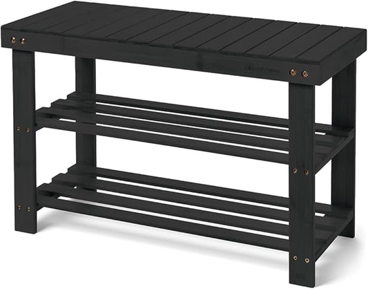 Leaf & Grain Bamboo Shoe Rack - Shoe Storage Bench for Front Door Entrance ??Entryway Bench with Shoe Shelf, Shoe Storage Organizer, Wooden Shoe Rack, Durable Shoe Bench for Home (Black)