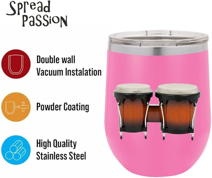 Bongos Wine Tumbler, Bongos Gift, 12oz Stainless Steel Wine Tumbler, Gifts For Him, For Her, For Boys, For Girls, Birthday, Christmas Gift idea (Pink)