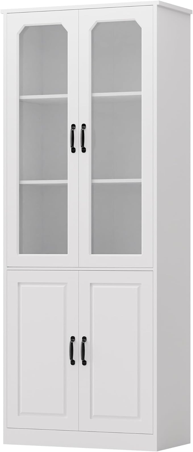 MU 78.7" Tall Kitchen Pantry with 2 Glass Doors, Freestanding China Cabinet with Adjustable Shelves, Large Kitchen Pantry Storage Cabinet Cupboard for Dining Room, Living Room, White (Large, 31.5" W)