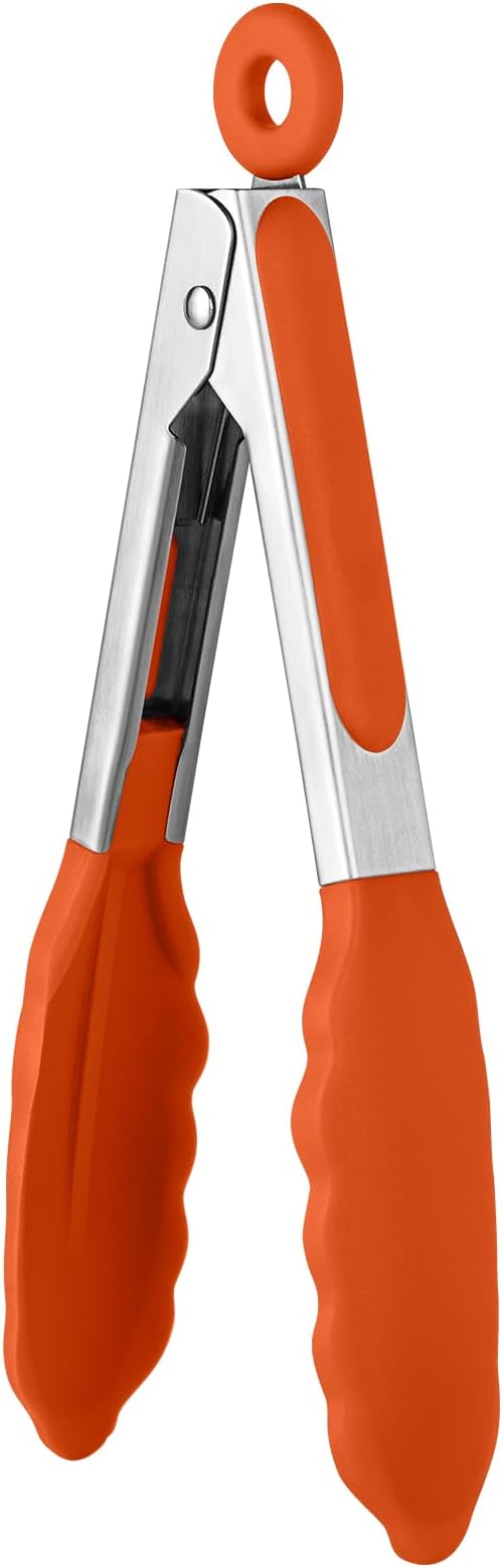 600쨘F Heat Resistant Kitchen Tong: U-Taste 7 inch Silicone Cooking Tong with Firm Sealed Non Stick Rubber Tips & Silicon Coated 18/8 Stainless Steel Handle & Smooth Locking for Serving Salad (Orange)