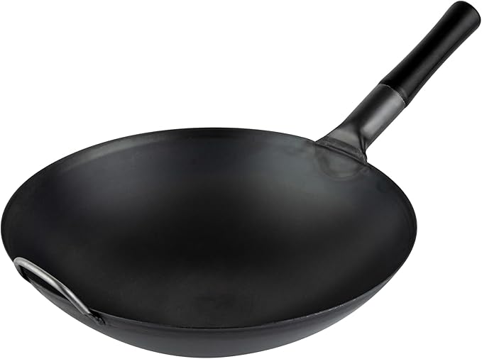 Motomori 14 Inch Pre-Seasoned Carbon Steel Wok, 10 Traditional Japanese Woks - Round Bottom, Wooden Handle, Black Carbon Steel Traditional Stir Fry Pans, With Helper Handle - Restaurantware