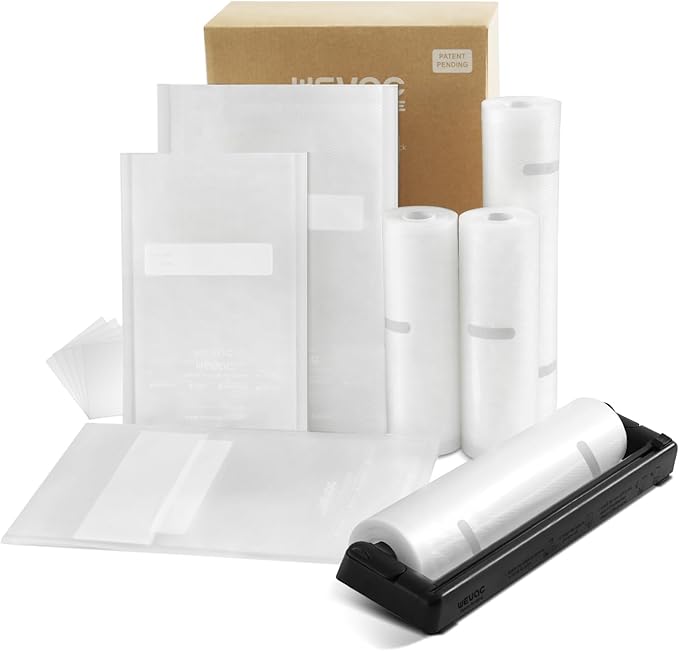 Wevac Family Pack Vacuum Sealer Bags Rolls with Dispenser ??6"x10" (50pcs), 8"x12" (70pcs), 8"x20' & 11"x20' Rolls, Heavy Duty, Leakproof, Ideal for Sous Vide, Meal Prep, Food Saver